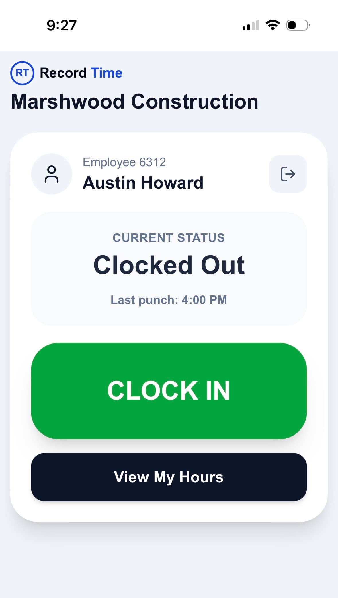 Record Time employee clock screen
